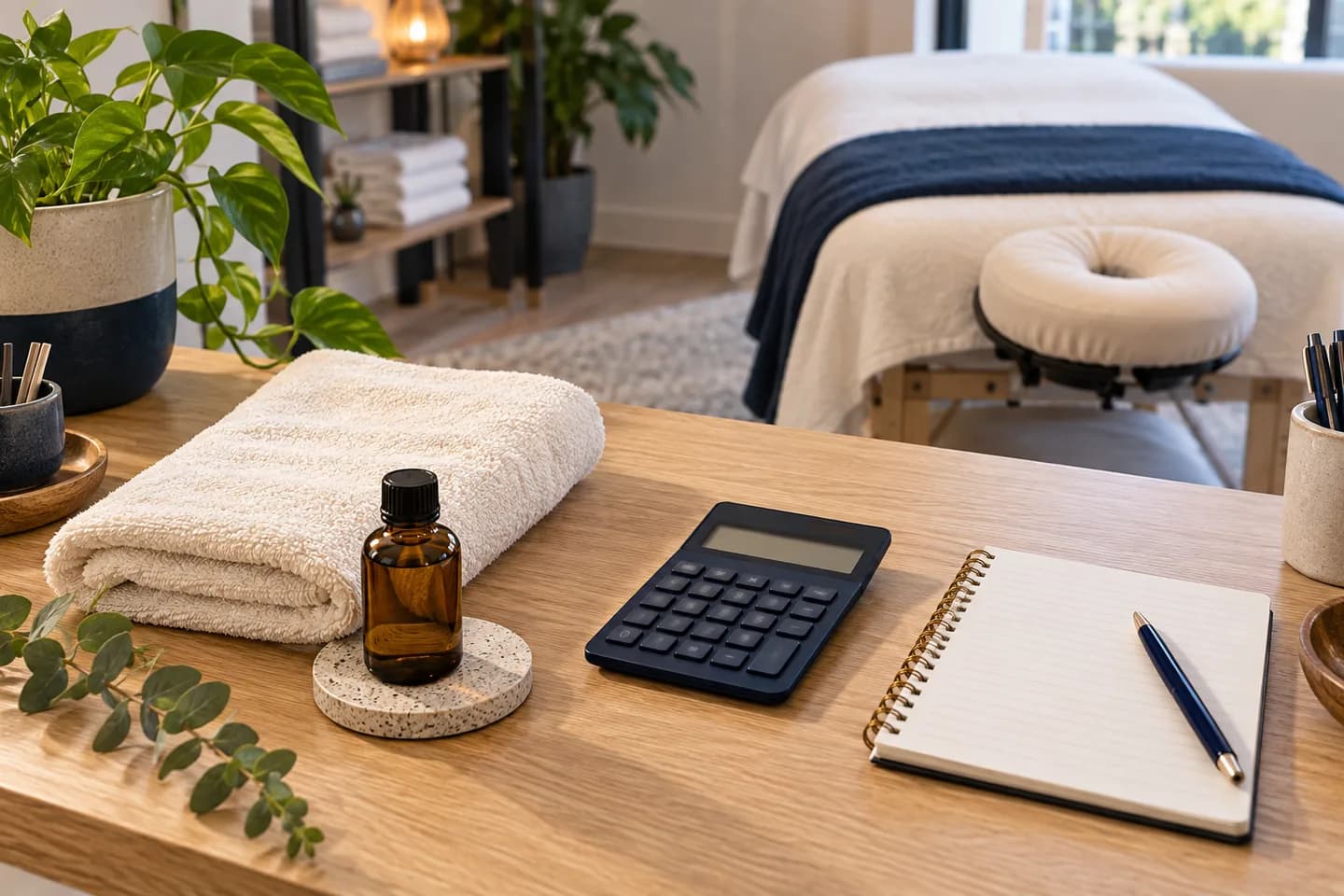 Custom editorial illustration of a calculator and appointment notebook beside a massage table