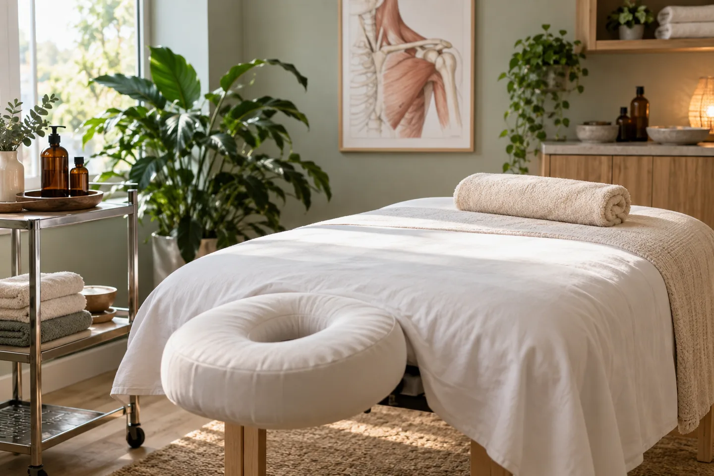 Custom editorial illustration of a professional massage room with a treatment table and face cradle