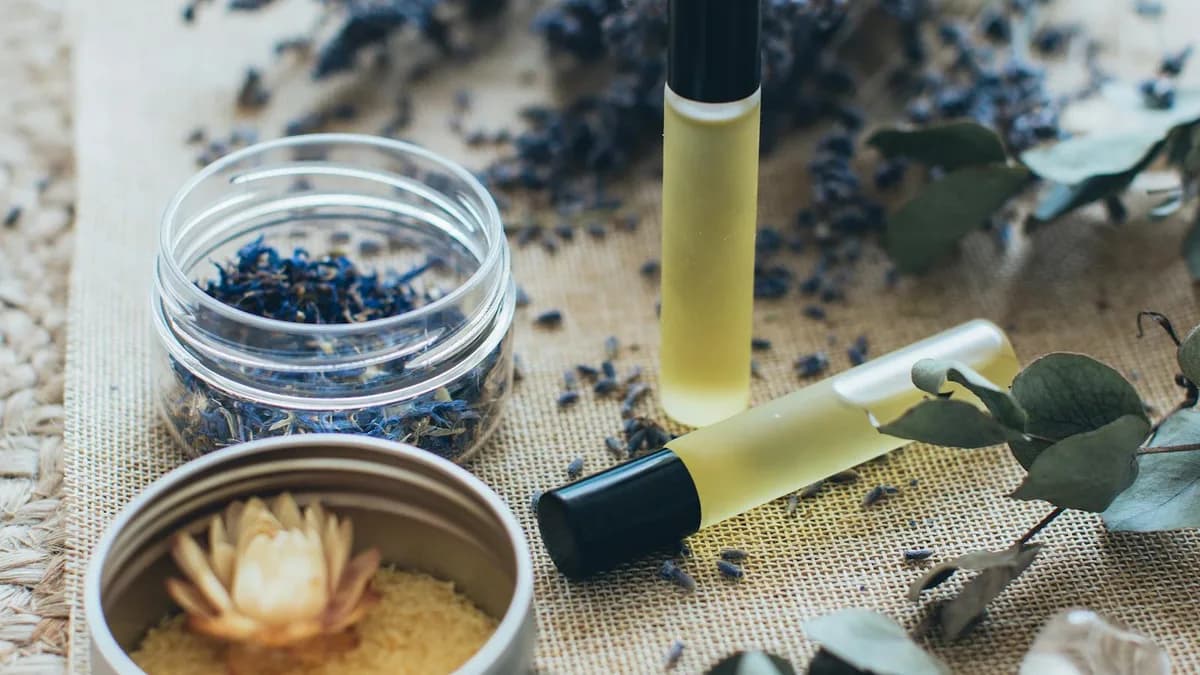 Wellness oils and botanicals stock photo for a holistic massage guide